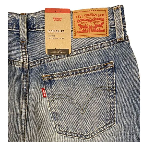 LEVI Icon Jean Skirt Button Fly Mid Rise Raw Hem Mini Sz 27 NWT - Picture 4 of 4
